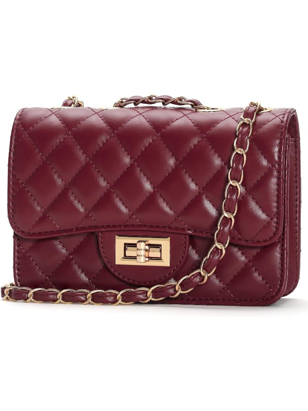 Women's Wine Red PU Leather Satchel Small Quilted Purse Chain Crossbody Bags